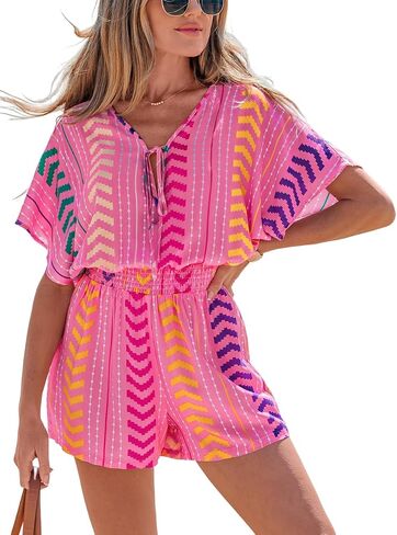 CUPSHE Womens Summer Romper Short Sleeve Plunge V Front Tie Wide Leg Jumpsuit Elastic Waist Beach Workout Romper Outfits in Kuwait