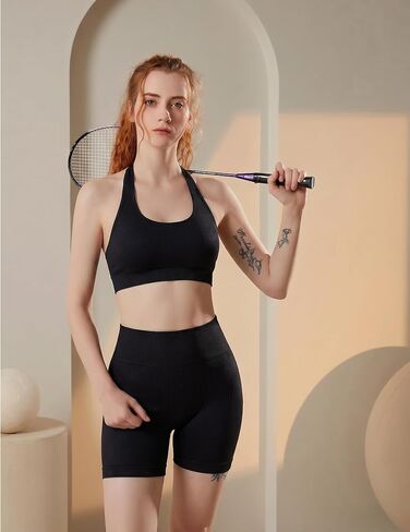 Women 2 Piece Yoga Set Halter Sports Bra and High Waisted Biker Shorts Workout Outfit for Gym in Kuwait