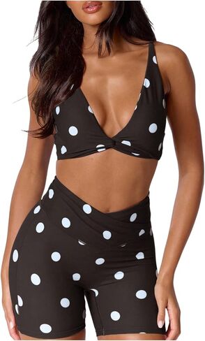 Milumia Women's Polka Dots Workout Set 2 Piece Twist V Neck Sports Bra and High Waisted Shorts Activewear in Kuwait