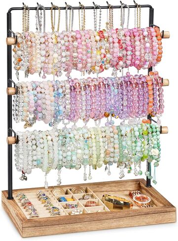 Emfogo Jewelry Organizer Stand, 5 Layer Wood & Metal Bracelet Holder with Necklace Holder Pole, Large Capacity Jewelry Display Holder for Bracelets Necklaces Rings Watches Scrunchies (Rustic Brown) in Kuwait