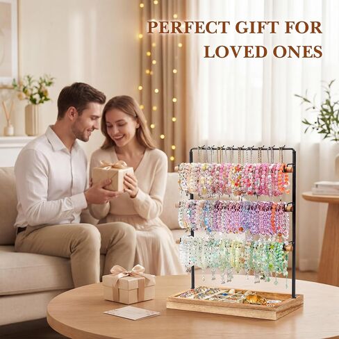 Emfogo Jewelry Organizer Stand, 5 Layer Wood & Metal Bracelet Holder with Necklace Holder Pole, Large Capacity Jewelry Display Holder for Bracelets Necklaces Rings Watches Scrunchies (Rustic Brown) in Kuwait