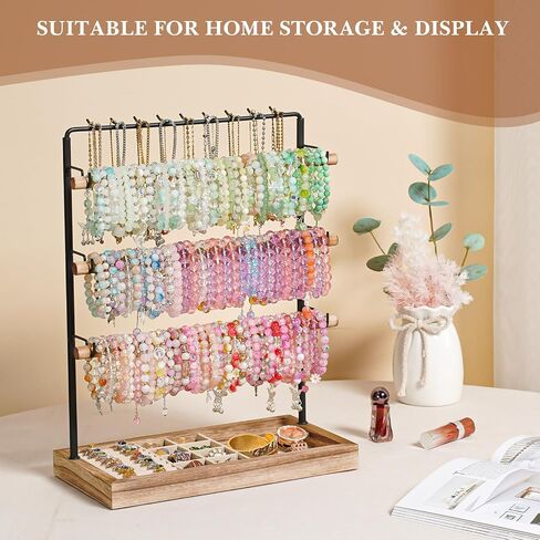 Emfogo Jewelry Organizer Stand, 5 Layer Wood & Metal Bracelet Holder with Necklace Holder Pole, Large Capacity Jewelry Display Holder for Bracelets Necklaces Rings Watches Scrunchies (Rustic Brown) in Kuwait