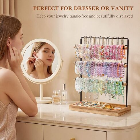 Emfogo Jewelry Organizer Stand, 5 Layer Wood & Metal Bracelet Holder with Necklace Holder Pole, Large Capacity Jewelry Display Holder for Bracelets Necklaces Rings Watches Scrunchies (Rustic Brown) in Kuwait