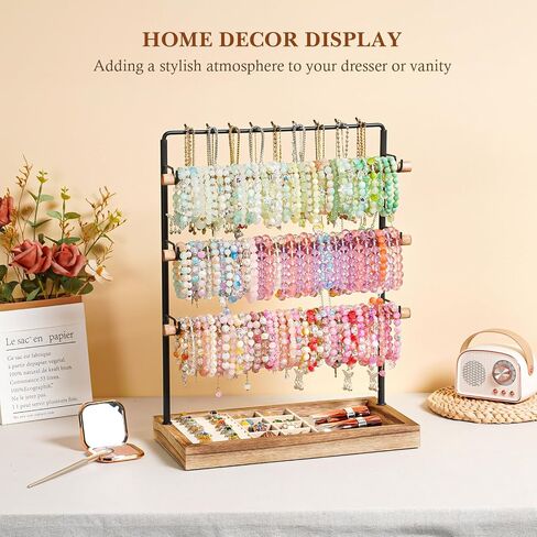 Emfogo Jewelry Organizer Stand, 5 Layer Wood & Metal Bracelet Holder with Necklace Holder Pole, Large Capacity Jewelry Display Holder for Bracelets Necklaces Rings Watches Scrunchies (Rustic Brown) in Kuwait