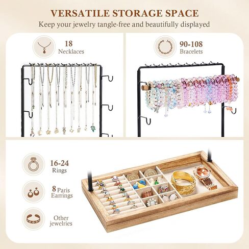 Emfogo Jewelry Organizer Stand, 5 Layer Wood & Metal Bracelet Holder with Necklace Holder Pole, Large Capacity Jewelry Display Holder for Bracelets Necklaces Rings Watches Scrunchies (Rustic Brown) in Kuwait