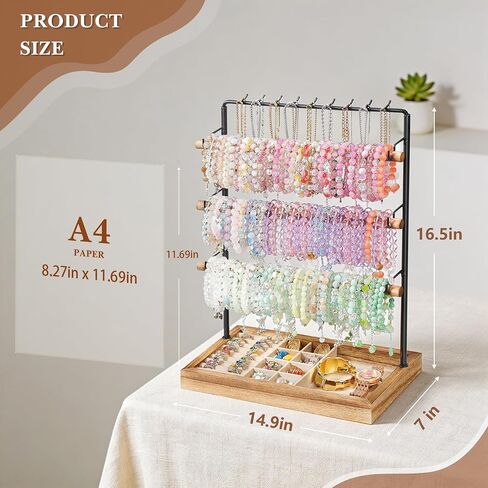 Emfogo Jewelry Organizer Stand, 5 Layer Wood & Metal Bracelet Holder with Necklace Holder Pole, Large Capacity Jewelry Display Holder for Bracelets Necklaces Rings Watches Scrunchies (Rustic Brown) in Kuwait