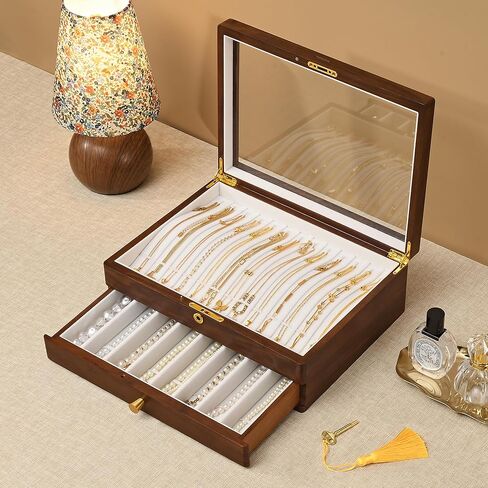Black Walnut Lockable Wooden Necklace Box, 2 Layer Natural Wood Jewelry Organizer with Glass Lid and Drawer, Tangle Free Handcrafted Velvet Lined Pendant Holder Display Case Gifts for Women Girls Mom in Saudi Arabia