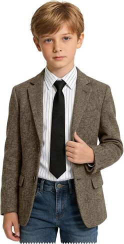Boys Tweed Suit Blazer Set 2pcs Slim Fit Retro Dress Suit Jacket for Boy Herringbone Sport Coat Formal Wedding Wear with Tie in Kuwait