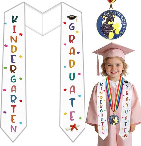 Kindergarten Graduation Sash, Kids White Graduation Stole with Medal, Preschool Grad Sash Gifts for 2026 Kindergarten & Pre-K Ceremony in Saudi Arabia