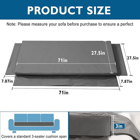 71 x 27.5 x 3 Inch Egg Crate Foam Sofa Topper, Thick Couch Topper Cushion with Triple-Sided Extended Flaps & Washable Cover, Non-Slip High-Density Foam Pad for Living Room & RV in Kuwait