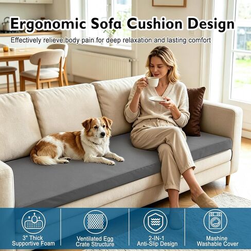 71 x 27.5 x 3 Inch Egg Crate Foam Sofa Topper, Thick Couch Topper Cushion with Triple-Sided Extended Flaps & Washable Cover, Non-Slip High-Density Foam Pad for Living Room & RV in Kuwait