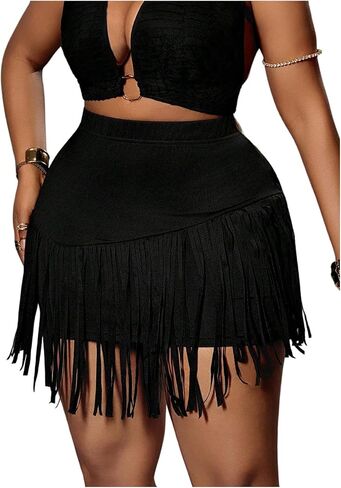 SHENHE Women's Plus Size Fringe Mini Skirt High Waisted Bodycon Festival Country Concert Skirt in Kuwait