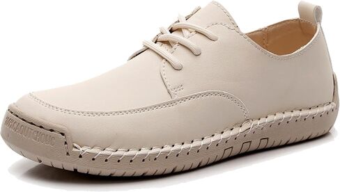 Men's Hand Patchwork Leather Flat Causal Loafers with Lace-Up Comfortable Round Toe Lightweight Breathable Non-Slip Flat Sole Slip-On Casual Walking Oxford Sneakers in Kuwait