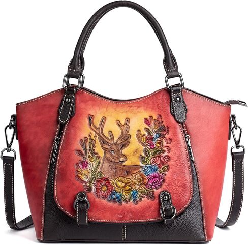 Vintage Genuine Leather Satchel Handbag for Women – Hand-Embossed Floral Deer Top Handle Shoulder Crossbody Purse in Saudi Arabia