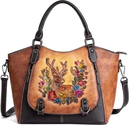 Vintage Genuine Leather Satchel Handbag for Women – Hand-Embossed Floral Deer Top Handle Shoulder Crossbody Purse in Saudi Arabia