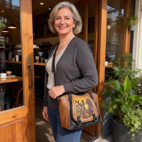 Vintage Genuine Leather Satchel Handbag for Women – Hand-Embossed Floral Deer Top Handle Shoulder Crossbody Purse in Saudi Arabia