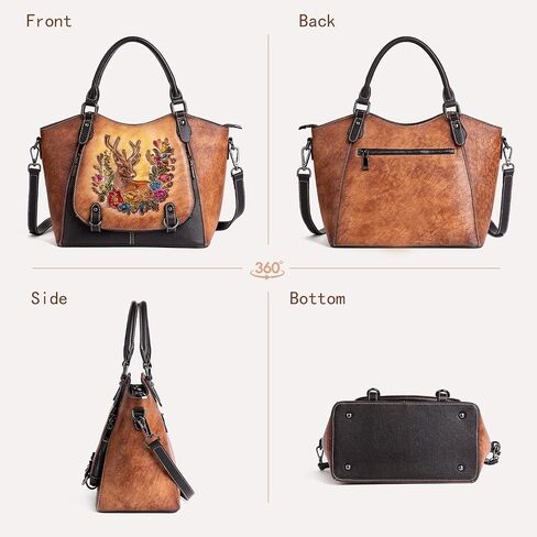 Vintage Genuine Leather Satchel Handbag for Women – Hand-Embossed Floral Deer Top Handle Shoulder Crossbody Purse in Saudi Arabia