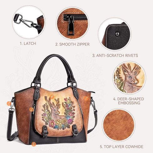 Vintage Genuine Leather Satchel Handbag for Women – Hand-Embossed Floral Deer Top Handle Shoulder Crossbody Purse in Saudi Arabia