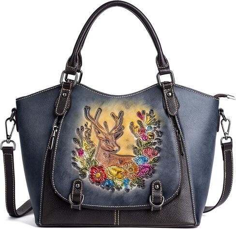 Vintage Genuine Leather Satchel Handbag for Women – Hand-Embossed Floral Deer Top Handle Shoulder Crossbody Purse in Saudi Arabia
