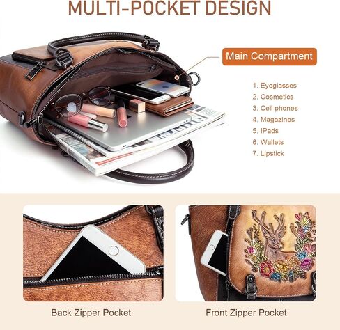 Vintage Genuine Leather Satchel Handbag for Women – Hand-Embossed Floral Deer Top Handle Shoulder Crossbody Purse in Saudi Arabia
