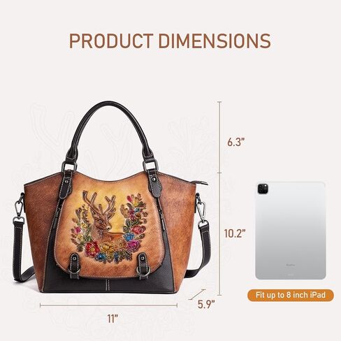Vintage Genuine Leather Satchel Handbag for Women – Hand-Embossed Floral Deer Top Handle Shoulder Crossbody Purse in Saudi Arabia