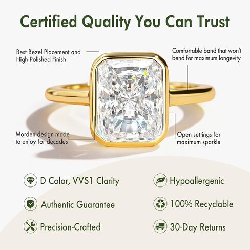 4CT Radiant Cut Moissanite Engagement Ring for Women, Bezel Set Solitaire D Color VVS1, Sterling Silver White/14K Gold Plated, Wedding Anniversary Promise Gift with Certificate in Kuwait