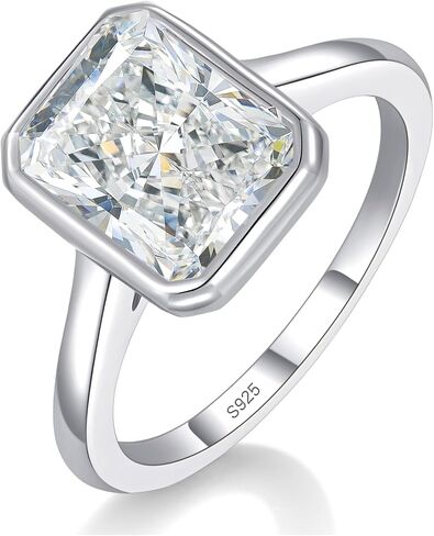 4CT Radiant Cut Moissanite Engagement Ring for Women, Bezel Set Solitaire D Color VVS1, Sterling Silver White/14K Gold Plated, Wedding Anniversary Promise Gift with Certificate in Kuwait