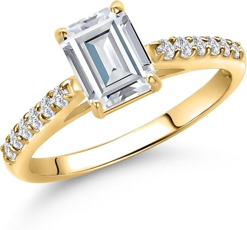 Gem Stone King 10K Yellow Gold Gemstone Birthstone and Lab Grown Diamond Engagement Ring For Women | Emerald Cut 7X5MM and Round 1.5MM | Wedding Anniversary Promise Ring | Available in Size 5,6,7,8,9 in Kuwait
