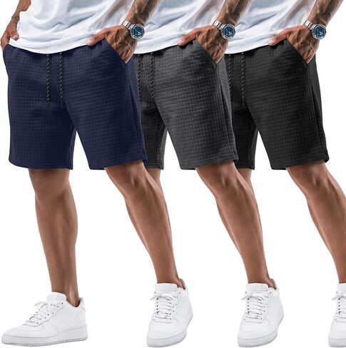 August Alley 3 Pack Men's Waffle Sweat Shorts 7'' with Pockets Casual Elastic Waist Drawstring Workout Gym Athletic Clothes in Saudi Arabia