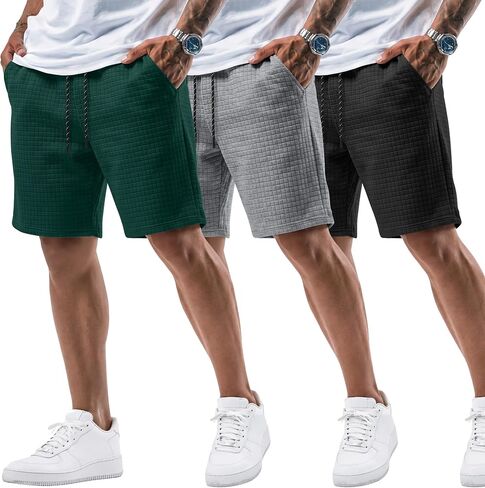 August Alley 3 Pack Men's Waffle Sweat Shorts 7'' with Pockets Casual Elastic Waist Drawstring Workout Gym Athletic Clothes in Saudi Arabia