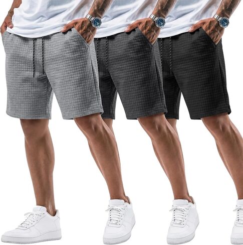 August Alley 3 Pack Men's Waffle Sweat Shorts 7'' with Pockets Casual Elastic Waist Drawstring Workout Gym Athletic Clothes in Saudi Arabia