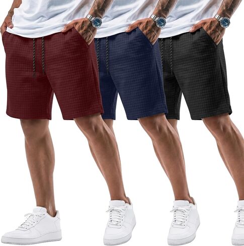 August Alley 3 Pack Men's Waffle Sweat Shorts 7'' with Pockets Casual Elastic Waist Drawstring Workout Gym Athletic Clothes in Saudi Arabia