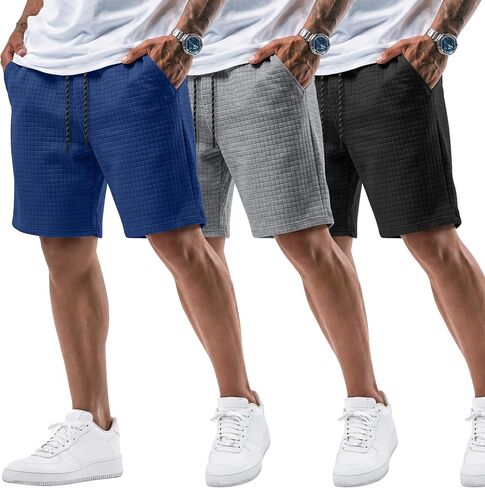 August Alley 3 Pack Men's Waffle Sweat Shorts 7'' with Pockets Casual Elastic Waist Drawstring Workout Gym Athletic Clothes in Saudi Arabia