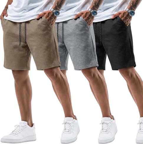 August Alley 3 Pack Men's Waffle Sweat Shorts 7'' with Pockets Casual Elastic Waist Drawstring Workout Gym Athletic Clothes in Saudi Arabia