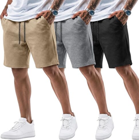 August Alley 3 Pack Men's Waffle Sweat Shorts 7'' with Pockets Casual Elastic Waist Drawstring Workout Gym Athletic Clothes in Saudi Arabia