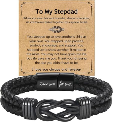 EPIRORA Father's Day Bracelet Gift for Dad/New Dad/Stepdad/Father-in-Law, 8.5" Black Braided Leather Infinity Knot Bracelets for Men, Cool Mens Jewelry Father Gifts for Birthday Christmas Thanksgiving in Kuwait