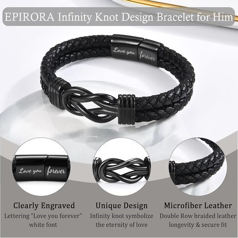 EPIRORA Father's Day Bracelet Gift for Dad/New Dad/Stepdad/Father-in-Law, 8.5" Black Braided Leather Infinity Knot Bracelets for Men, Cool Mens Jewelry Father Gifts for Birthday Christmas Thanksgiving in Kuwait