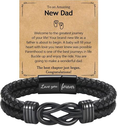 EPIRORA Father's Day Bracelet Gift for Dad/New Dad/Stepdad/Father-in-Law, 8.5" Black Braided Leather Infinity Knot Bracelets for Men, Cool Mens Jewelry Father Gifts for Birthday Christmas Thanksgiving in Kuwait