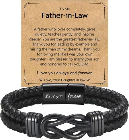 EPIRORA Father's Day Bracelet Gift for Dad/New Dad/Stepdad/Father-in-Law, 8.5" Black Braided Leather Infinity Knot Bracelets for Men, Cool Mens Jewelry Father Gifts for Birthday Christmas Thanksgiving in Kuwait
