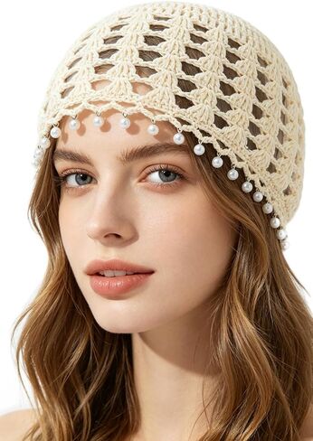 Crochet Hat for Women Handmade Cotton Summer Beanie with Pearl Trim Boho Skull Cap for Beach Vacation Daily Wear in Kuwait
