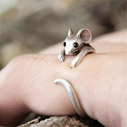 1pc Silver Vintage Cute Mouse Loop Open Ring Unique Design for Women Perfect for Daily Wear Birthday Gifts Trendy Accessory in Kuwait