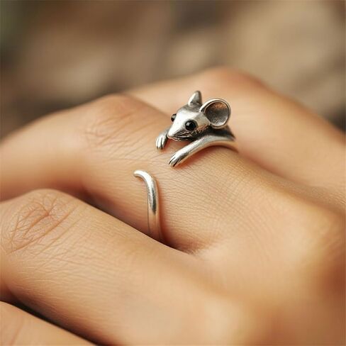 1pc Silver Vintage Cute Mouse Loop Open Ring Unique Design for Women Perfect for Daily Wear Birthday Gifts Trendy Accessory in Kuwait