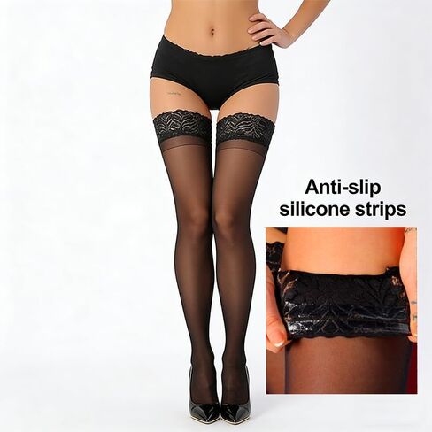 Black Thigh High Stockings Silicone Lace Top Stay Up Silky Semi Sheer Pantyhose for Women Hold Up Nylon in Kuwait
