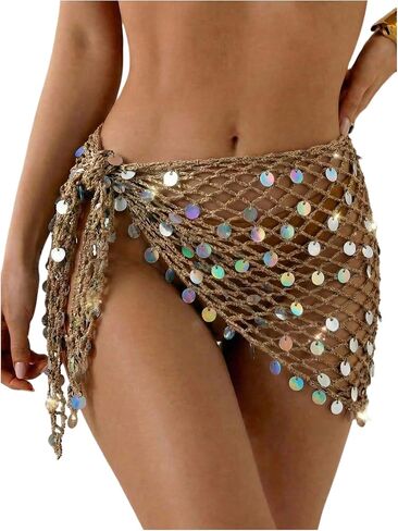 OYOANGLE Women's Glitter Sequin Wrap Knot Side Sarong Coverup Crochet Vacation Bikini Cover Up Skirts in Kuwait