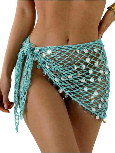 OYOANGLE Women's Glitter Sequin Wrap Knot Side Sarong Coverup Crochet Vacation Bikini Cover Up Skirts in Kuwait
