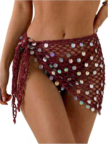 OYOANGLE Women's Glitter Sequin Wrap Knot Side Sarong Coverup Crochet Vacation Bikini Cover Up Skirts in Kuwait