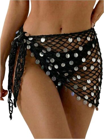 OYOANGLE Women's Glitter Sequin Wrap Knot Side Sarong Coverup Crochet Vacation Bikini Cover Up Skirts in Kuwait