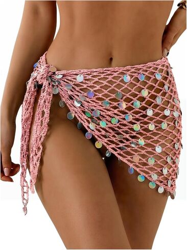 OYOANGLE Women's Glitter Sequin Wrap Knot Side Sarong Coverup Crochet Vacation Bikini Cover Up Skirts in Kuwait