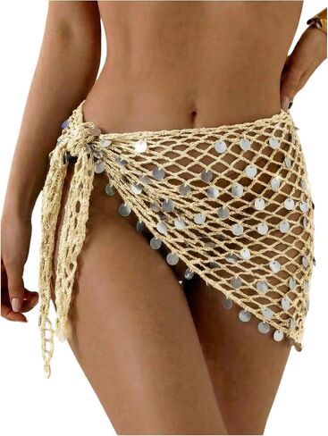 OYOANGLE Women's Glitter Sequin Wrap Knot Side Sarong Coverup Crochet Vacation Bikini Cover Up Skirts in Kuwait