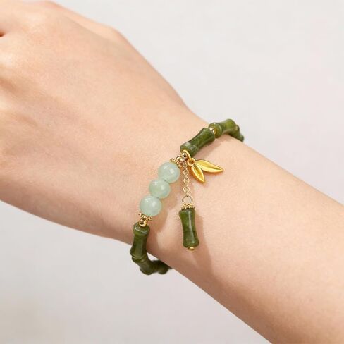 Jade Bracelet Green Bamboo Beaded Bracelet with Gold Leaf Charm for Mom Wife Sister Friend in Kuwait